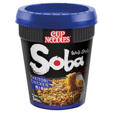 A Nissin Cup Noodles Soba Wok Style Yakitori Chicken (90g) container with a blue lid, featuring Japanese noodles on the front and a "Ready in 3 Min." label.